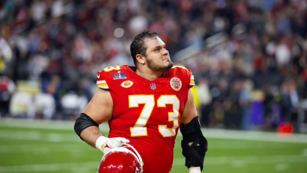 Feb 11, 2024; Paradise, Nevada, USA; Kansas City Chiefs guard Nick Allegretti (73) against the San Francisco 49ers in Super Bowl LVIII at Allegiant Stadium. Mandatory Credit: Mark J. Rebilas-USA TODAY Sports  